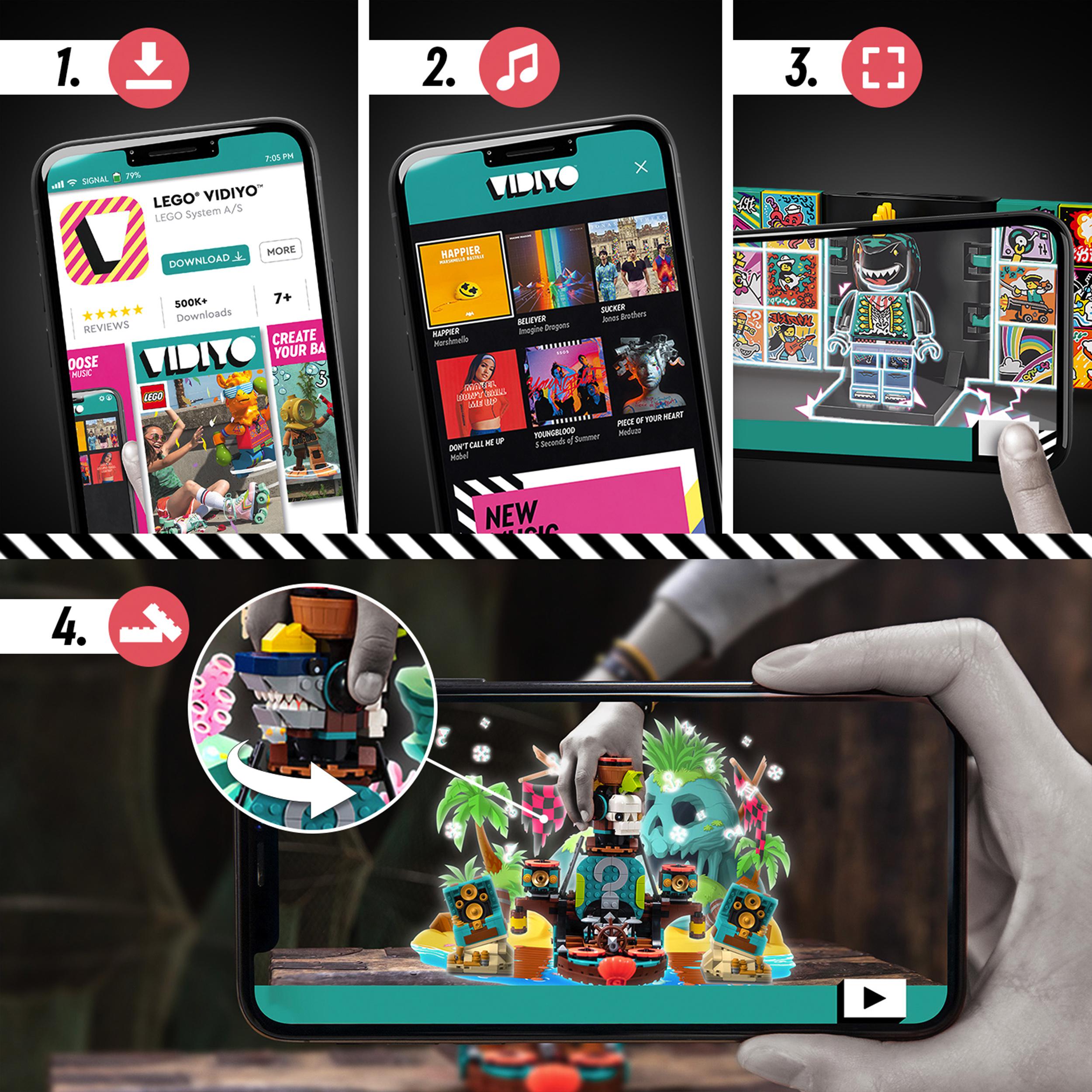 LEGO® VIDIYO Punk Pirate Ship BeatBox app tutorial highlighting video creation steps with mobile interface and characters.