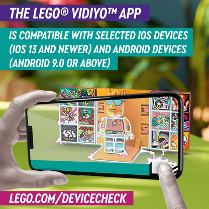 Smartphone showcasing LEGO® VIDIYO™ app compatibility with iOS and Android devices for music video creation.
