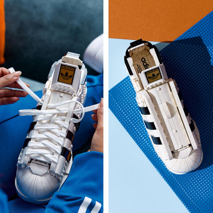 LEGO® adidas Originals Superstar Set 10282, showcasing detailed replica sneaker with laces and adidas branding.