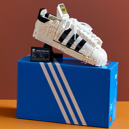 LEGO adidas Originals Superstar Set 10282 showcasing a detailed model of the iconic sneaker on its blue box.