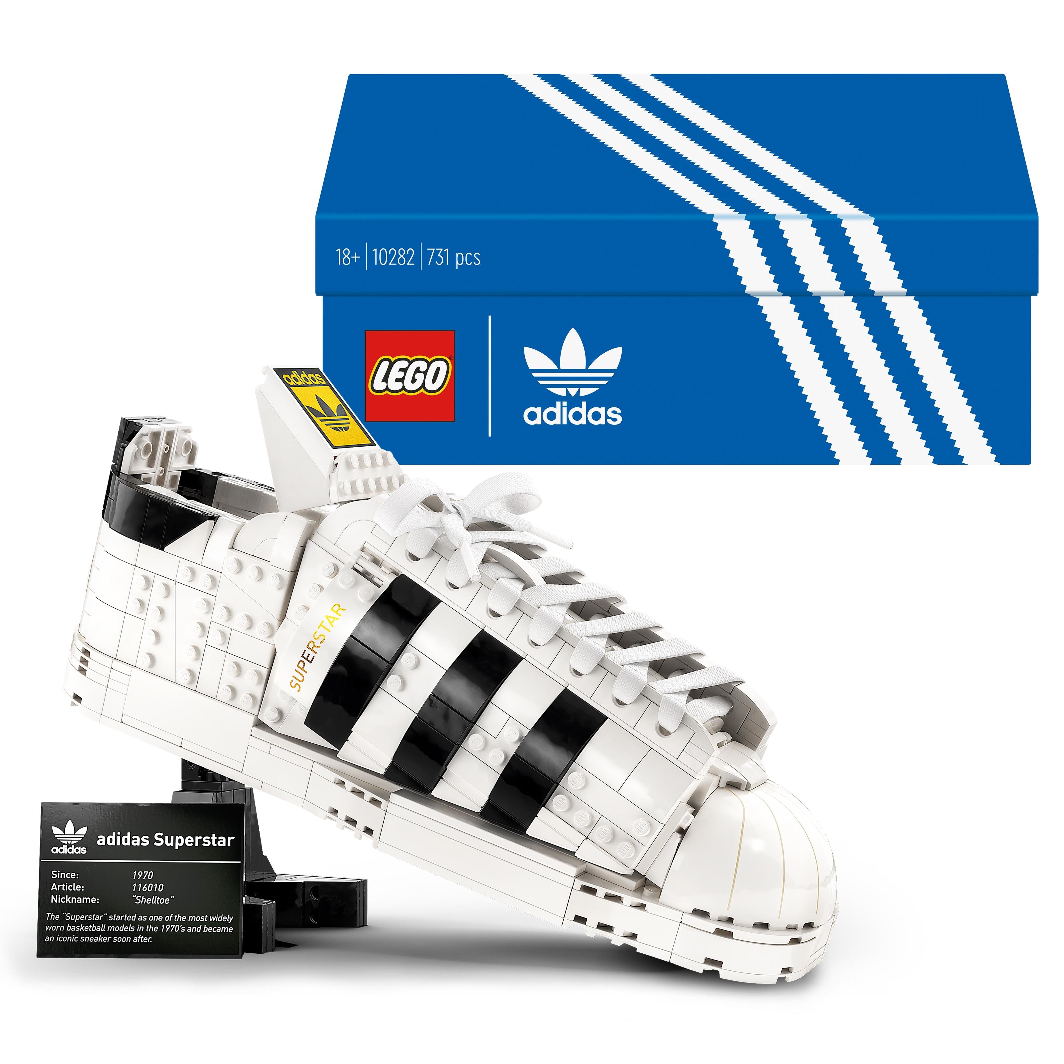 LEGO® adidas Originals Superstar Set 10282, featuring a detailed white and black trainer model with iconic box.