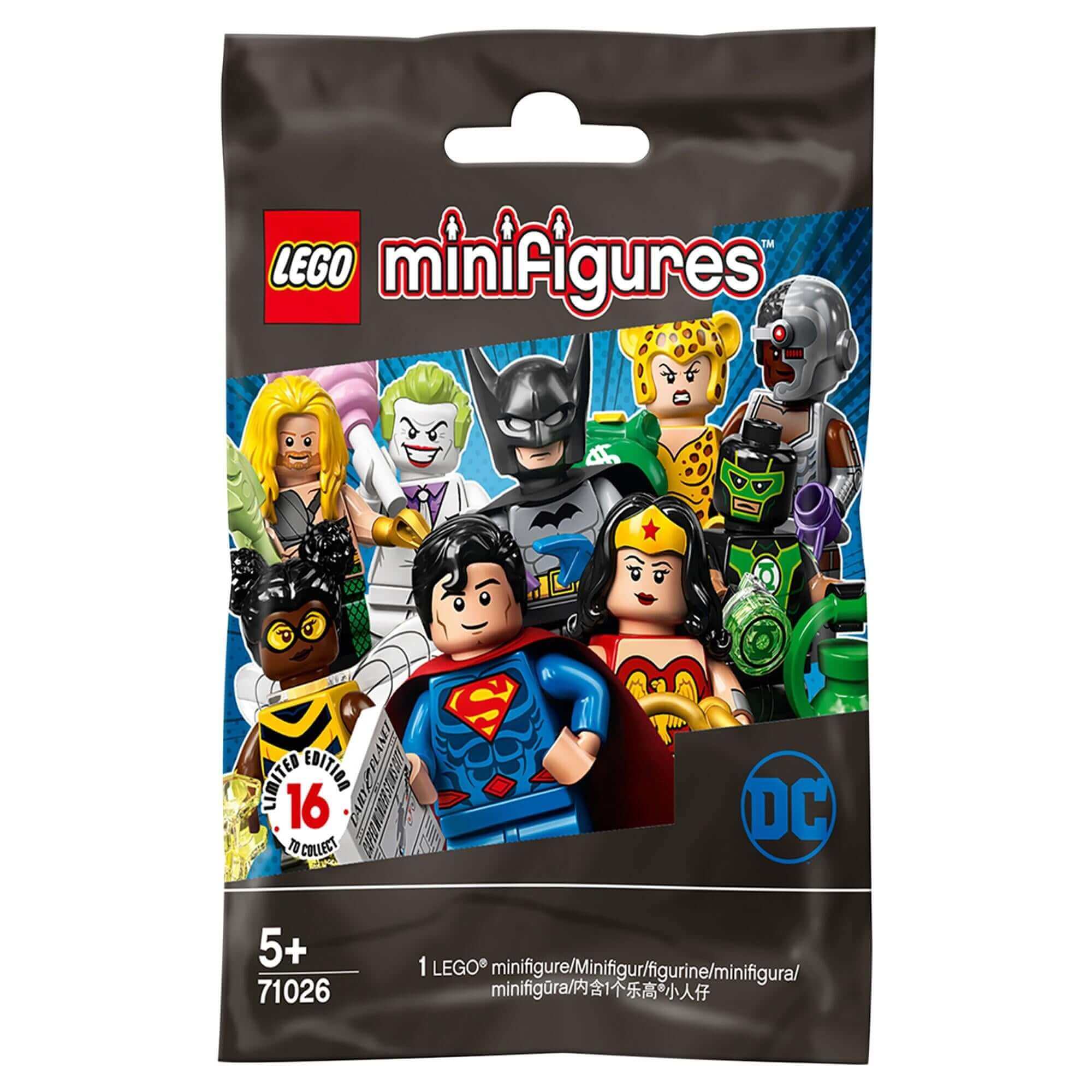 LEGO® Minifigures DC Super Heroes Series 71026 pack featuring iconic characters like Superman, Batman, and Wonder Woman.