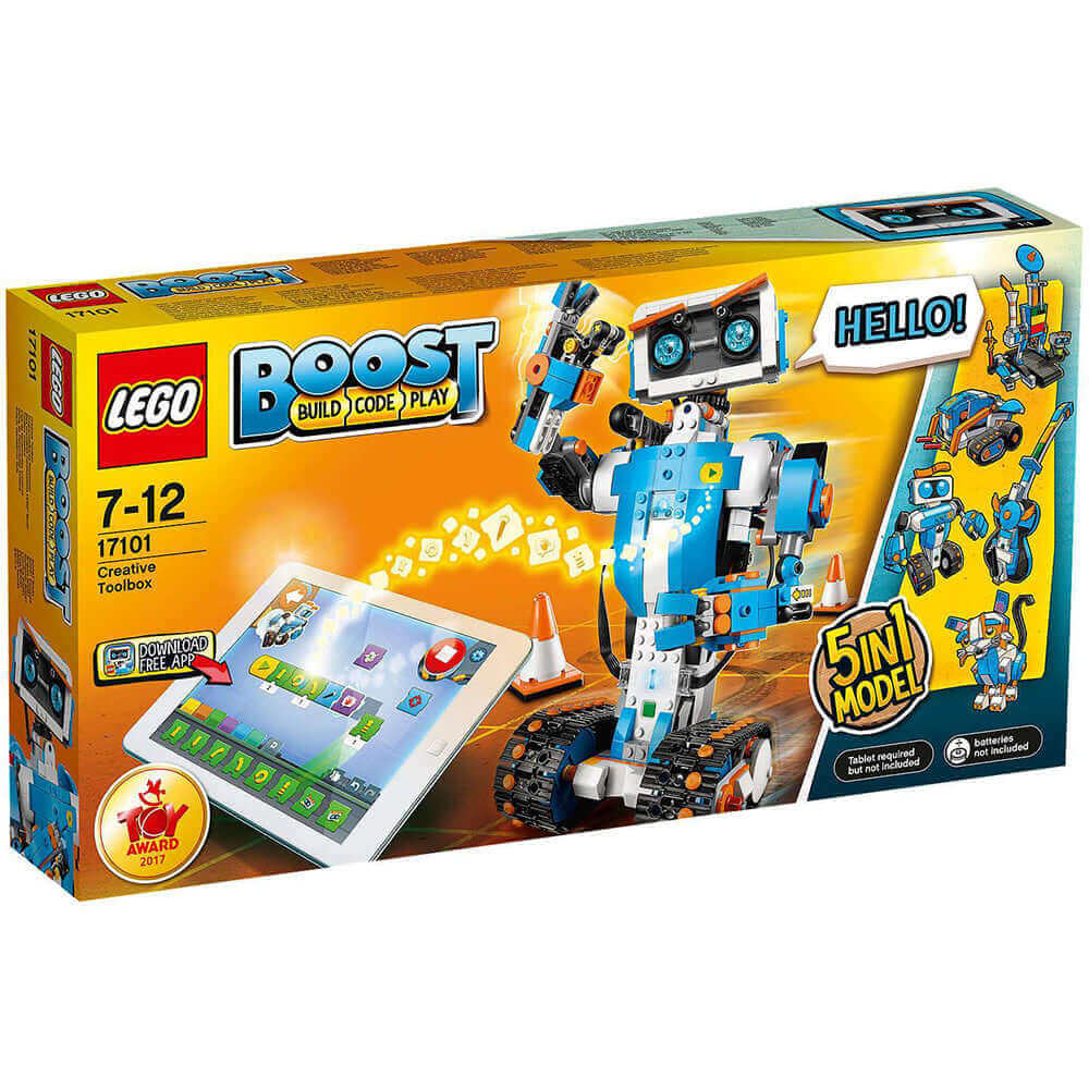 LEGO BOOST Creative Toolbox Robotics Kit 17101 packaging showcasing 5-in-1 model and coding features for kids aged 7-12.