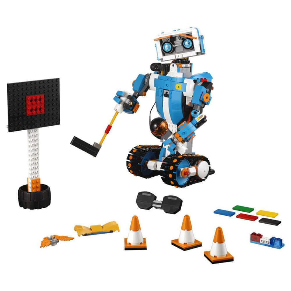 LEGO Boost Creative Toolbox kit showcasing a motorized robot with accessories for interactive play and coding education.