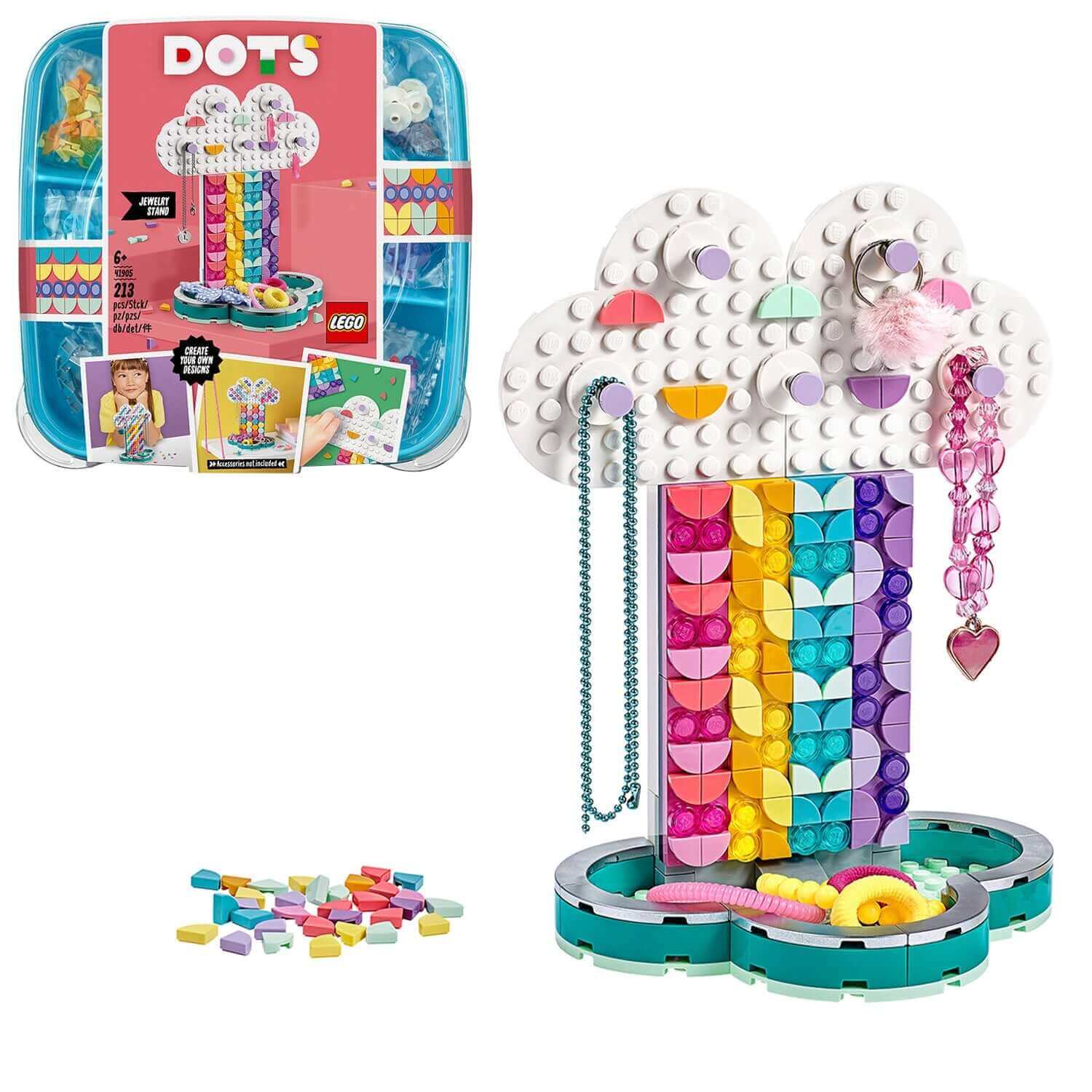 DOTS Rainbow Jewellery Stand Set by LEGO® 41905, featuring colorful cloud design and creative storage for jewelry.
