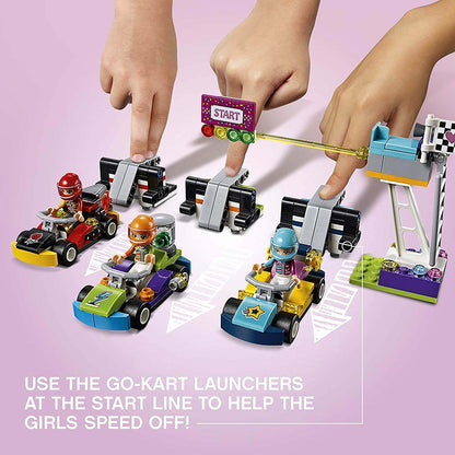 LEGO Friends Heartlake The Big Race Day set with go-kart launchers and characters at the start line ready to race.