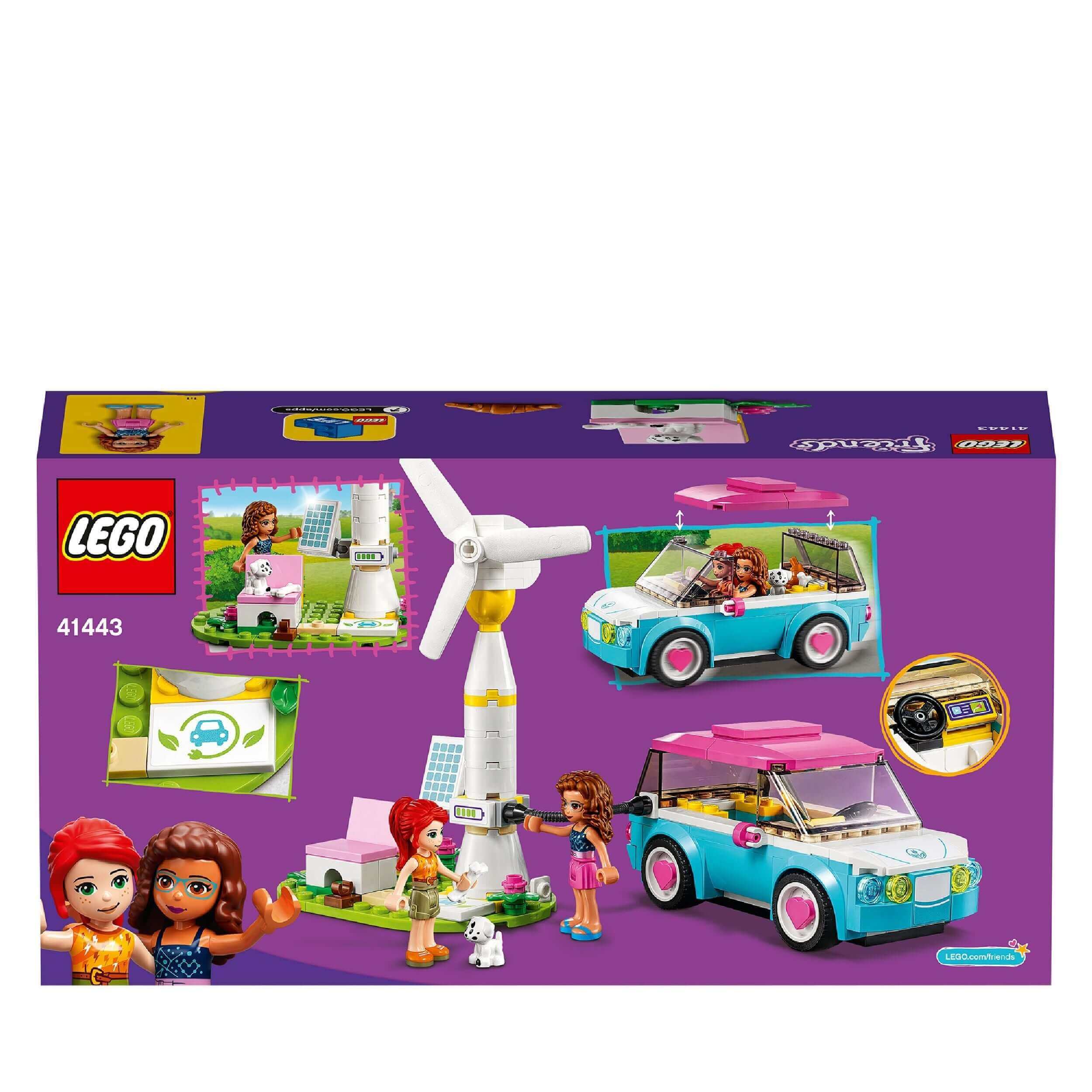 LEGO Friends Olivia's Electric Car Toy 41443 set featuring electric car, charging station, and mini-dolls for road trip fun.