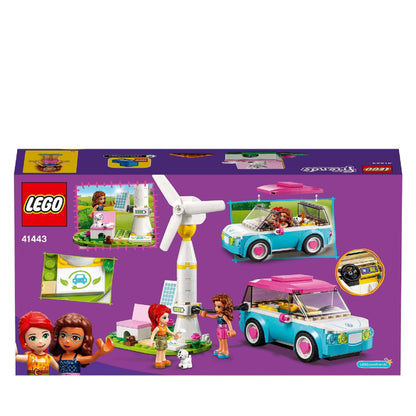 LEGO Friends Olivia's Electric Car Toy 41443 set featuring electric car, charging station, and mini-dolls for road trip fun.