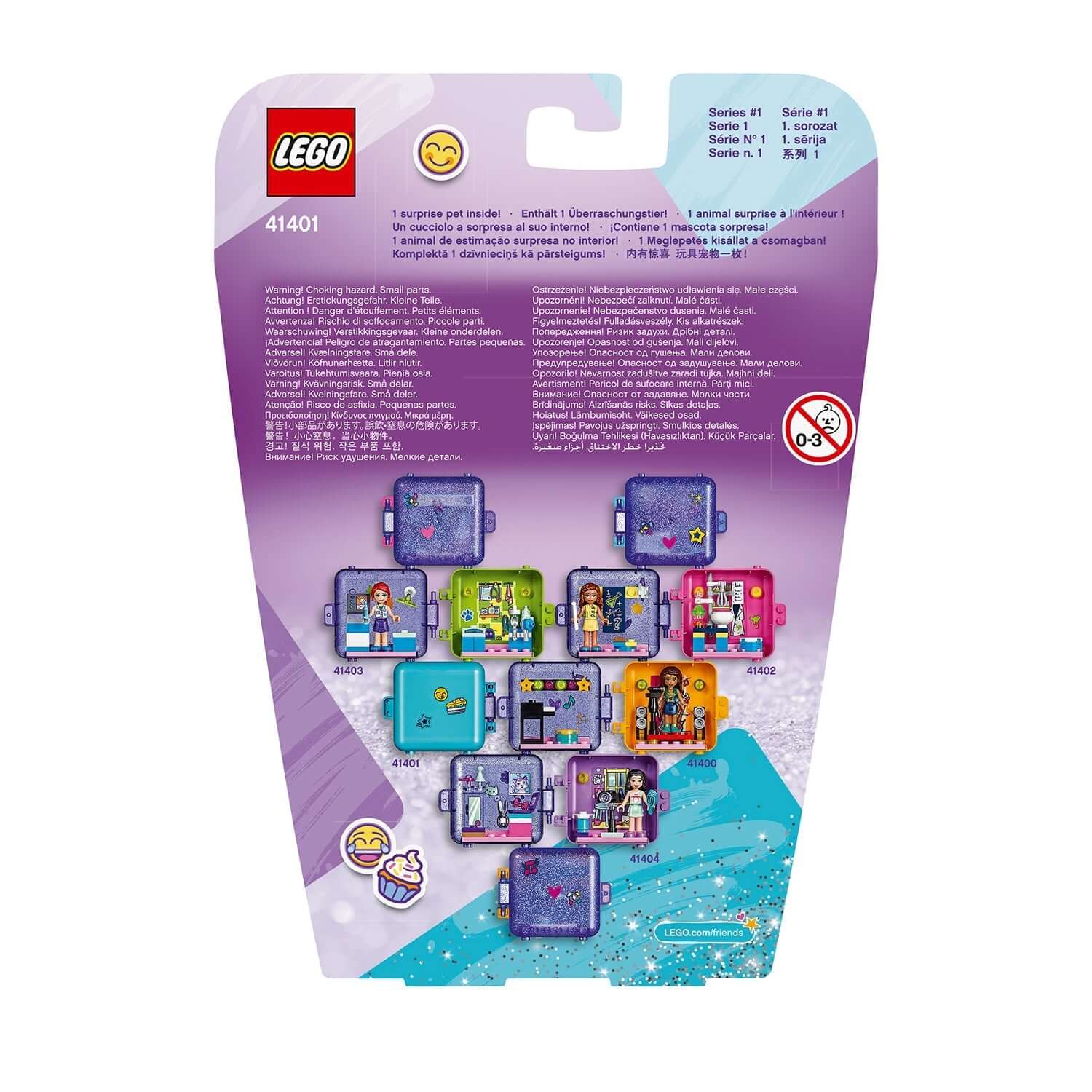 LEGO® Friends Stephanie's Play Cube Set 41401 back packaging showing play elements, characters, and set details.