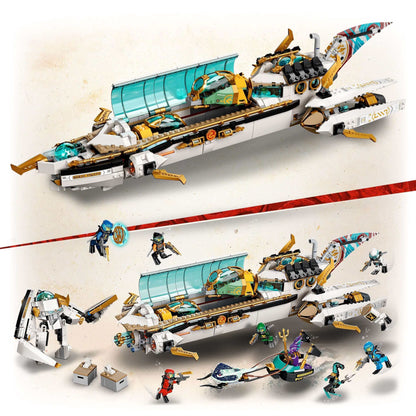 LEGO® NINJAGO Hydro Bounty Submarine Set 71756 with 10 minifigures and underwater features for kids' play.