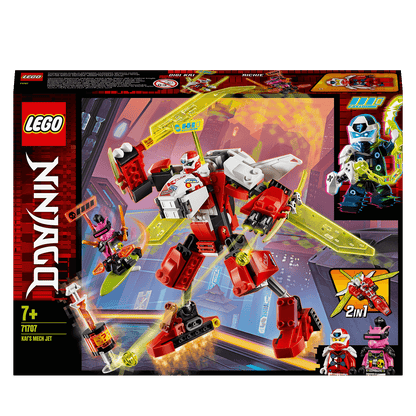 LEGO NINJAGO Kai's Mech Jet 2in1 Set 71707 featuring Digi Kai and Richie in a dynamic battle scene.