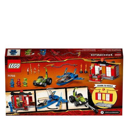 LEGO NINJAGO Legacy Storm Fighter Battle Toy 71703 box with Kai, Jay, Lasha, and their vehicles for exciting ninja battles.