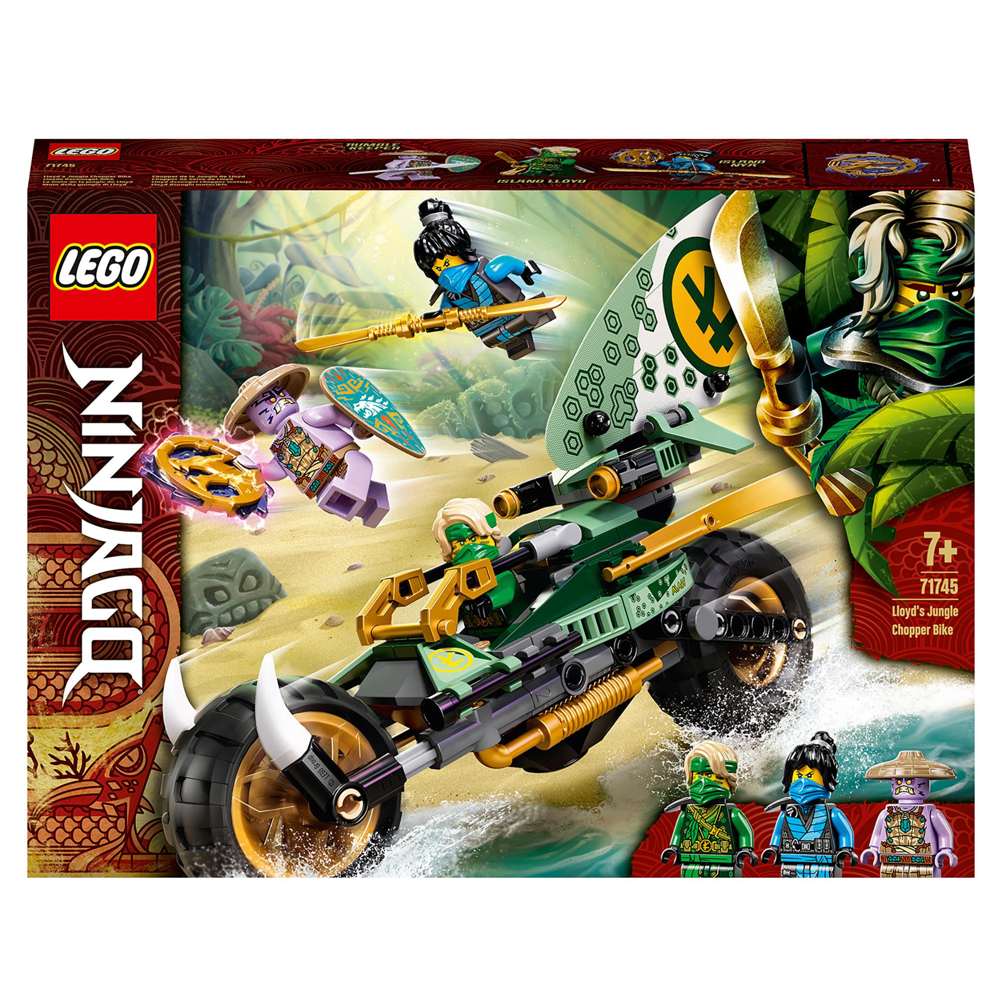LEGO NINJAGO Lloyd’s Jungle Chopper Bike Toy 71745 featuring a ninja bike and surfboard for imaginative play.