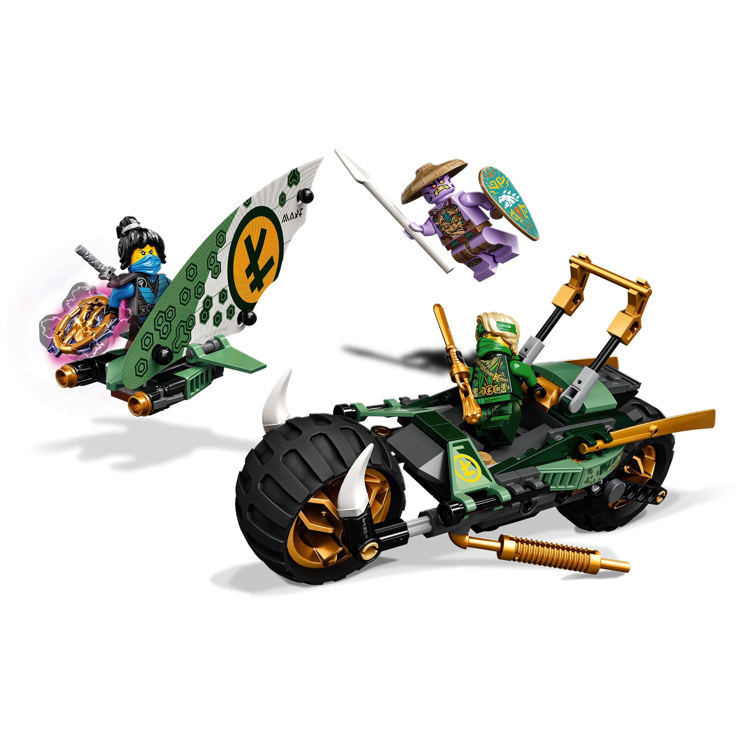 LEGO NINJAGO Lloyd’s Jungle Chopper Bike 71745 with ninja figures, a bike, and surfboard - perfect for adventure play.