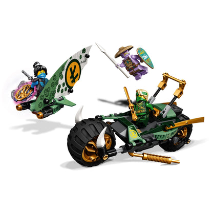 LEGO NINJAGO Lloyd’s Jungle Chopper Bike 71745 with ninja figures, a bike, and surfboard - perfect for adventure play.