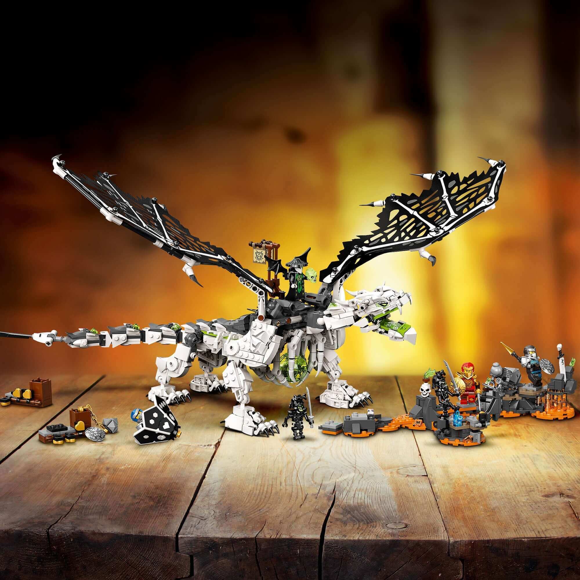 LEGO® NINJAGO Skull Sorcerer's Dragon 2in1 toy set featuring Hero Kai, Jay, Nya, and the Skull Sorcerer in battle.