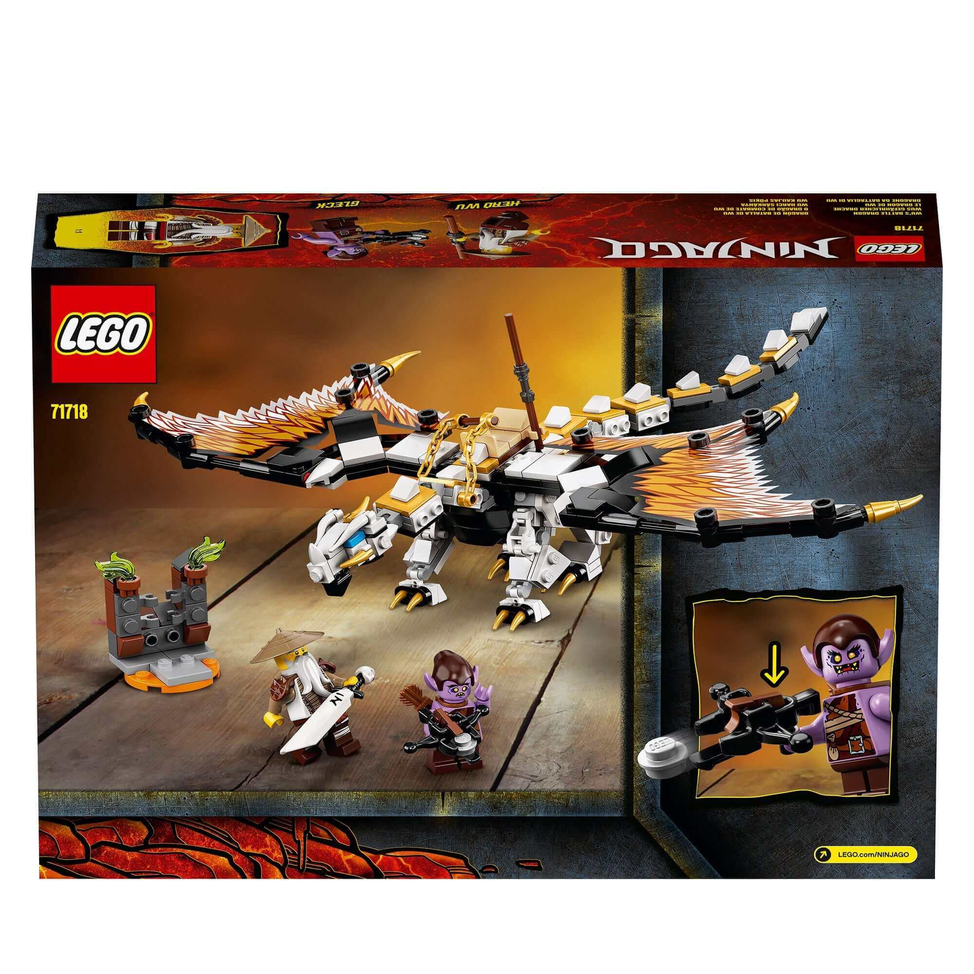 LEGO NINJAGO Wu's Battle Dragon Toy 71718 with Hero Wu, Gleck, and battle scene in the Dungeons of Shintaro.