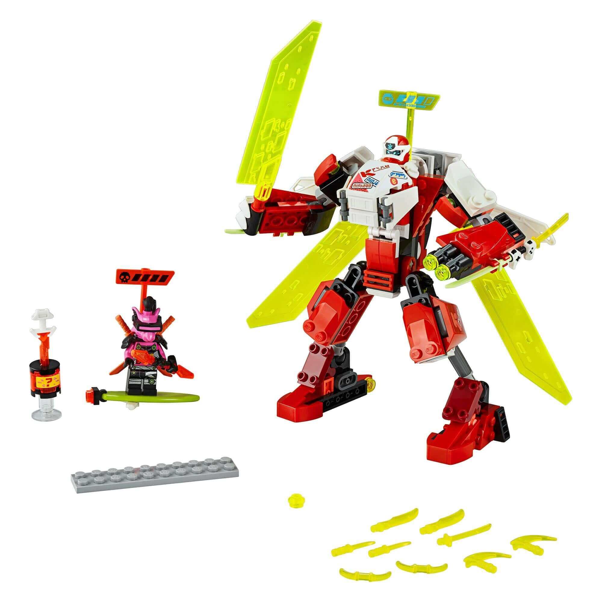 LEGO® NINJAGO Kai's Mech Jet 2in1 Set 71707 with Digi Kai, mech and jet components for kids' battles.