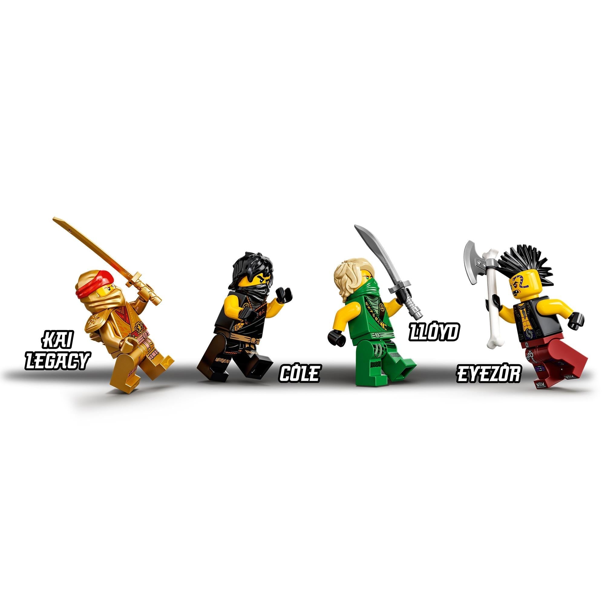 LEGO NINJAGO characters Kai, Cole, Lloyd, and Eyezor in action poses, perfect for imaginative play and adventures.