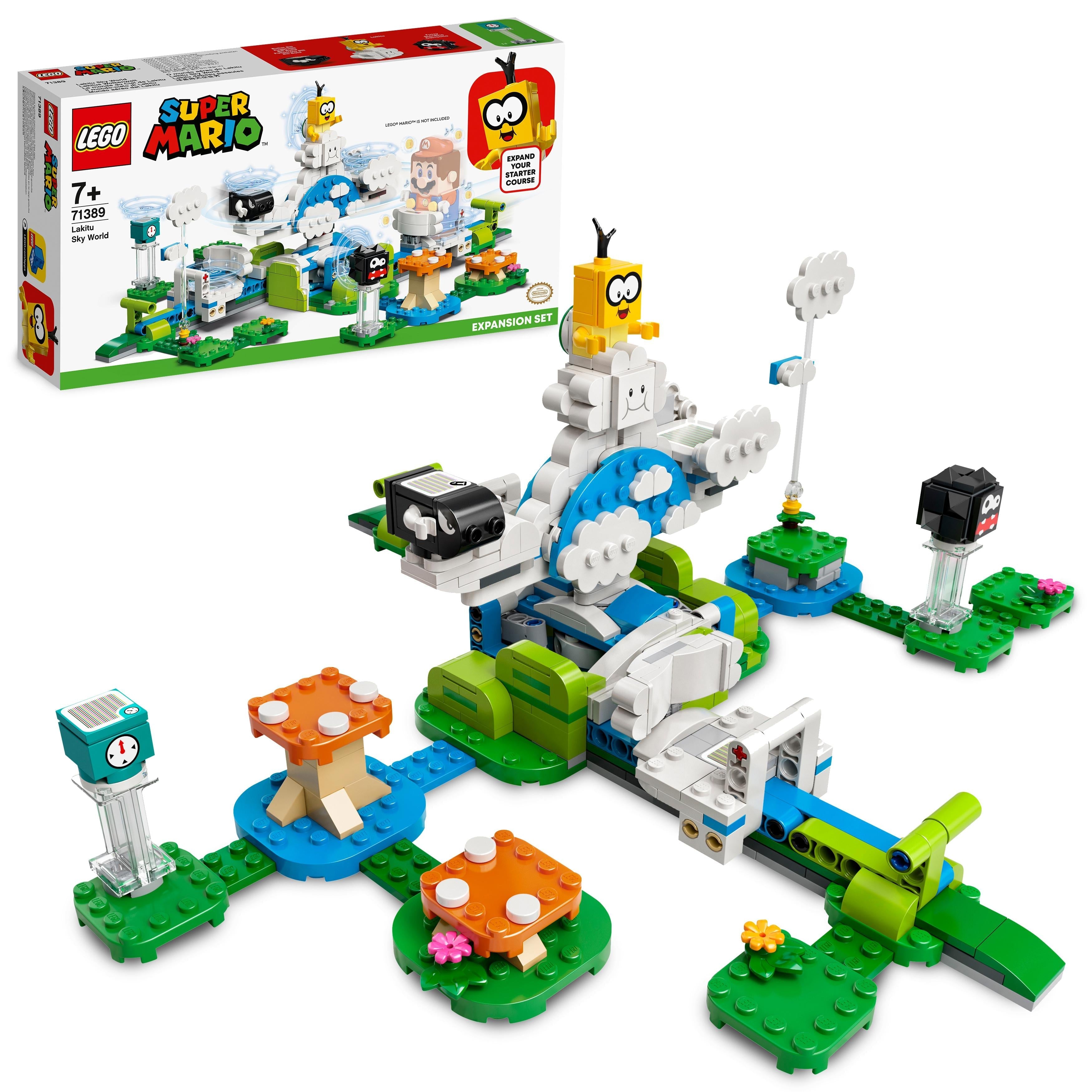 LEGO® Super Mario Lakitu Sky World Expansion Set 71389 featuring cloud-spinning battle, Bullet Bill, and Fuzzy.