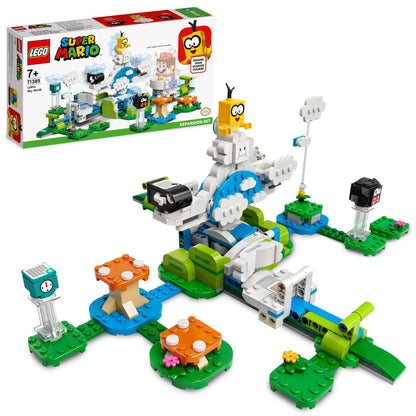 LEGO® Super Mario Lakitu Sky World Expansion Set 71389 featuring cloud-spinning battle, Bullet Bill, and Fuzzy.