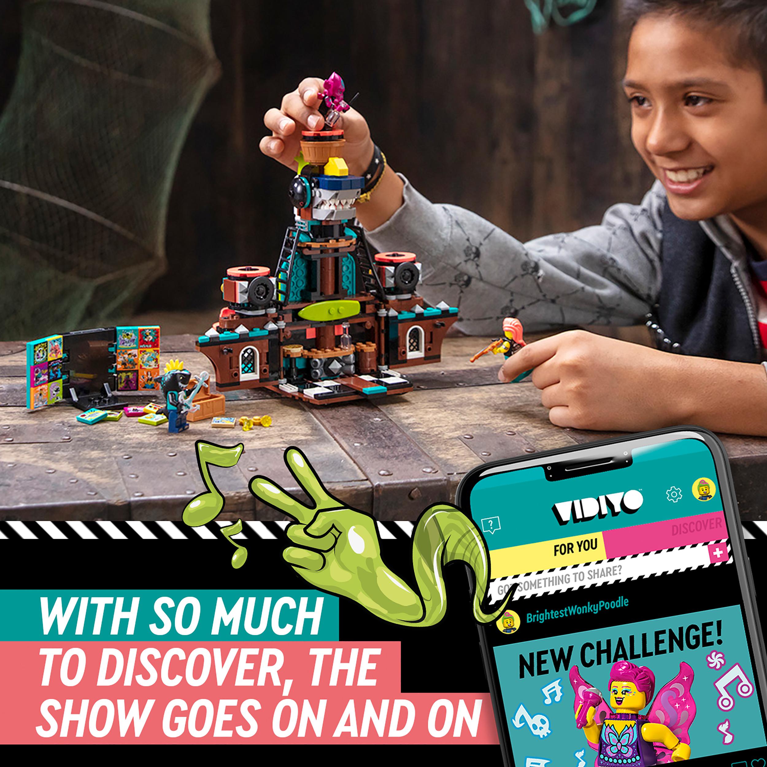 Child engaging with LEGO® VIDIYO Punk Pirate Ship BeatBox Set, showcasing creativity in music video production.