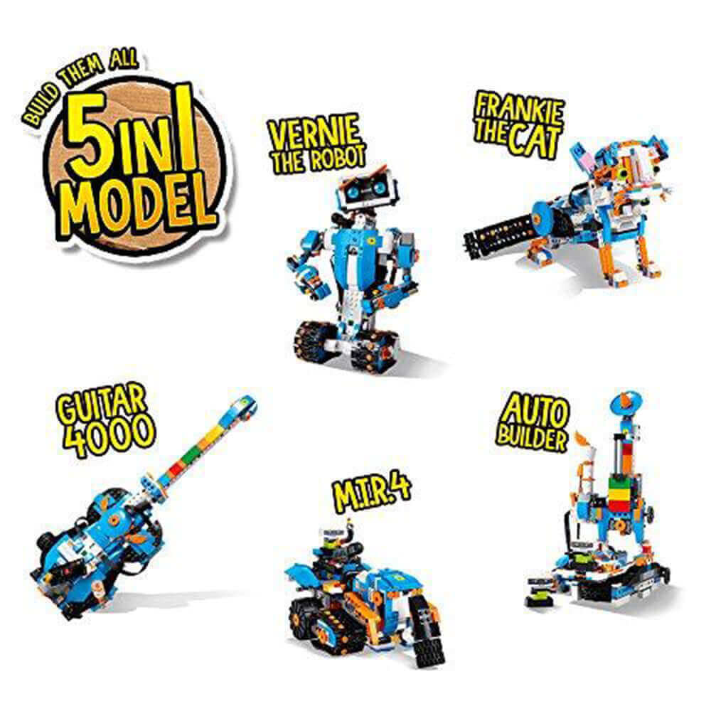 LEGO Boost 5-in-1 models including Vernie the Robot, Frankie the Cat, Guitar 4000, MIR4, and Auto Builder.