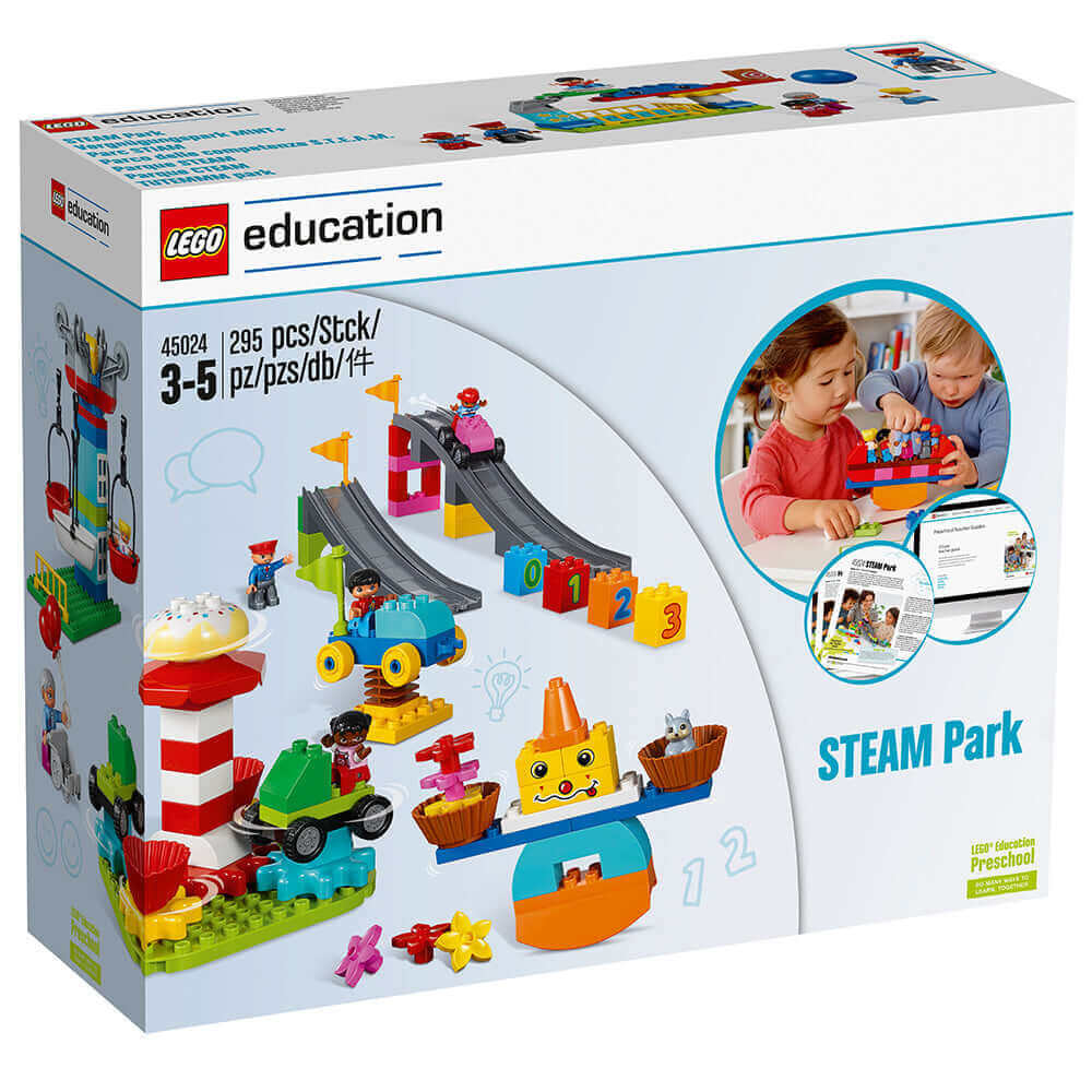 LEGO Education STEAM Park 45024 box showing colorful bricks for creative play in STEAM activities.