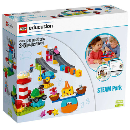 LEGO Education STEAM Park 45024 box showing colorful bricks for creative play in STEAM activities.