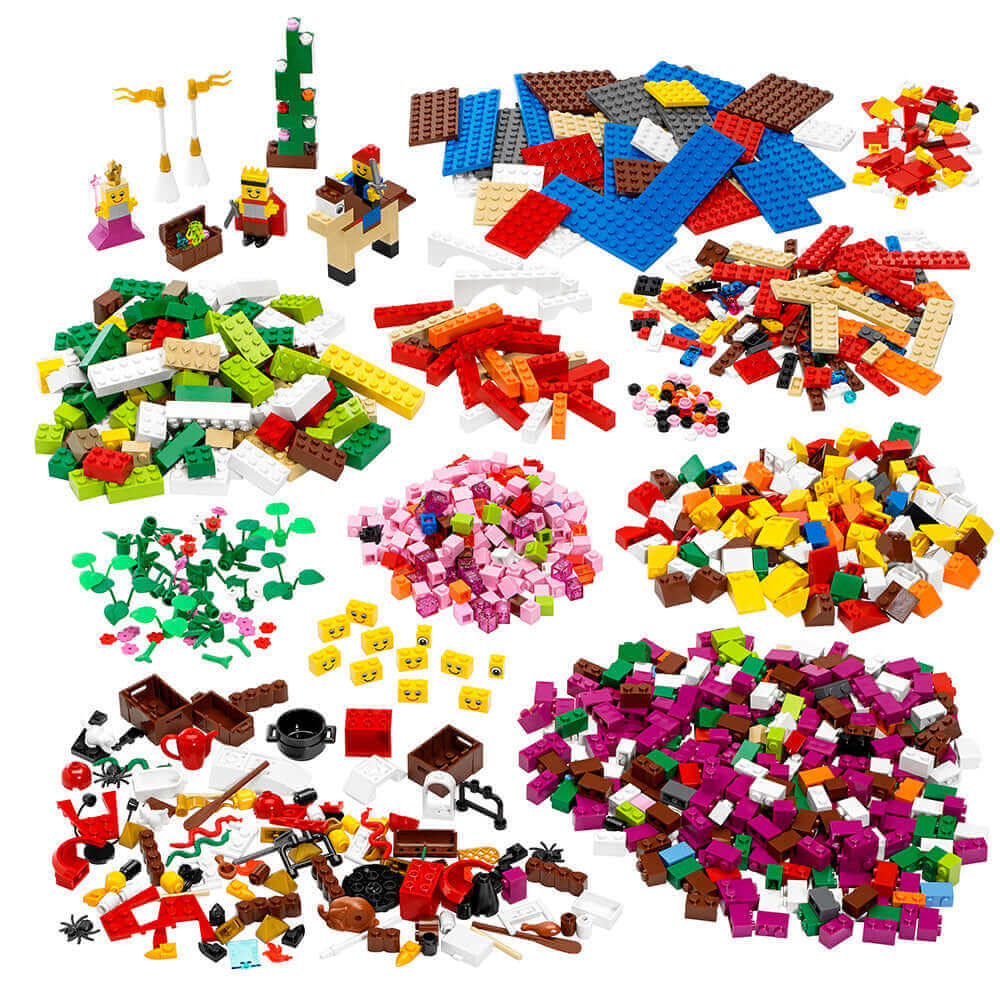 Colorful assortment of LEGO bricks, plants, and characters from the LEGO Education Sceneries Set 9385 for creative storytelling.