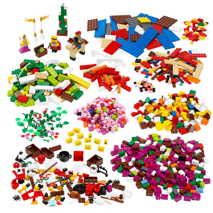Colorful assortment of LEGO bricks, plants, and characters from the LEGO Education Sceneries Set 9385 for creative storytelling.
