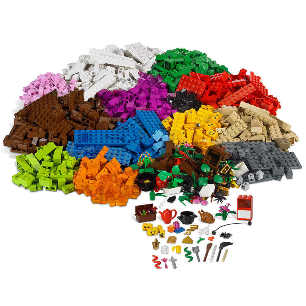 Colorful LEGO bricks and accessories in various shapes, promoting creativity and collaborative building for children.