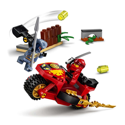 LEGO NINJAGO Legacy Kai's Blade Cycle Set 71734 featuring motorcycle toy, catapult, and two minifigures for kids.