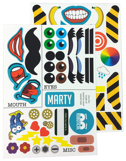Colorful sticker sheet featuring eyes, mouths, and fun designs to personalize the Marty robot.