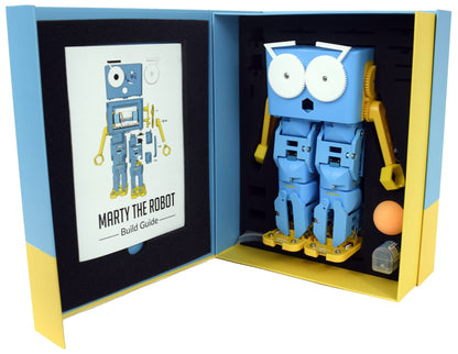 Marty the Robot kit with build guide, showcasing its blue walking robot design and interactive features.