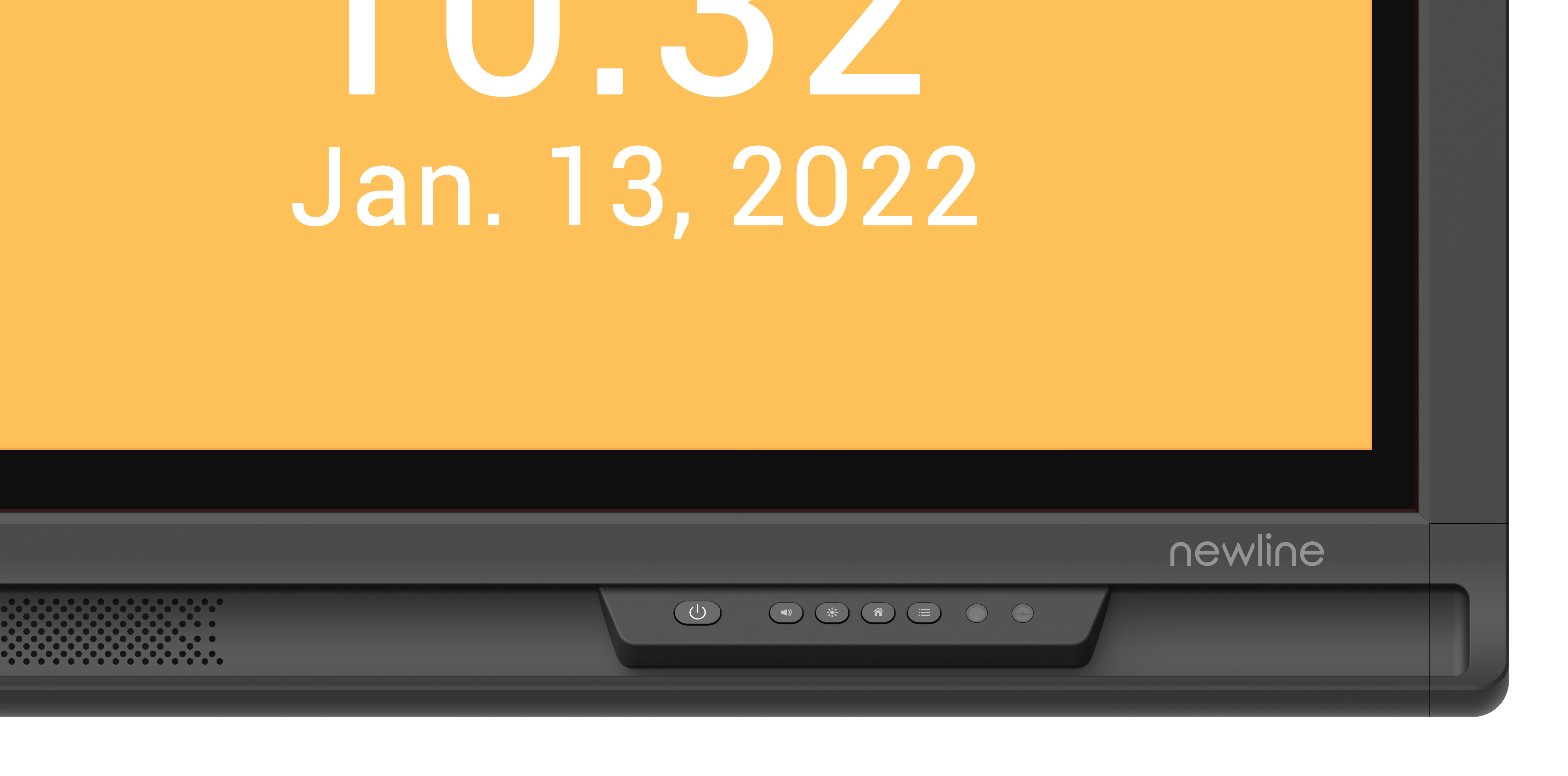Close-up of Newline Lyra 75" Touch Screen displaying time and date for educational use.