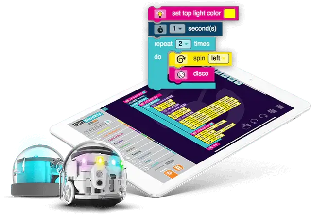 Interactive coding interface on a tablet with colorful programming blocks and two educational robots.