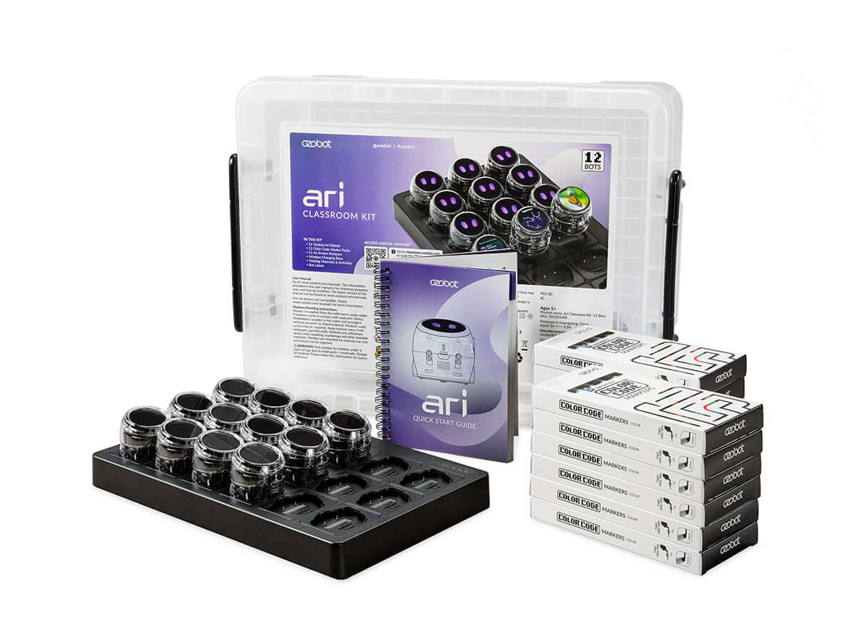 Ozobot Ari Classroom Kit featuring 12 interactive robots, lesson guide, and coding resources for K12 education.