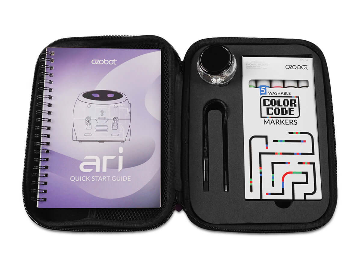 Ozobot Ari Entry Kit featuring quick start guide, color code markers, and learning tools for interactive education.