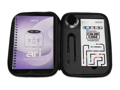 Ozobot Ari Entry Kit featuring quick start guide, color code markers, and learning tools for interactive education.