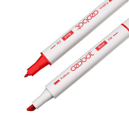 Ozobot washable markers in red, featuring angled tips for easy color coding and programming with Evo and Bit.