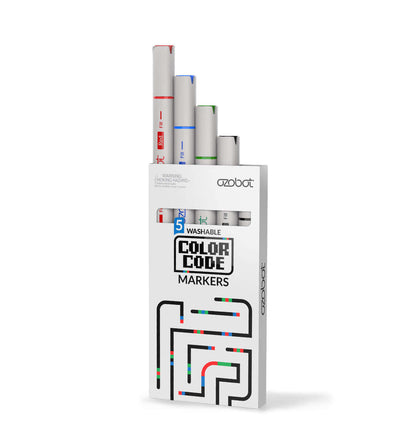 Ozobot washable color coding markers pack for programming Evo and Bit, includes black, red, blue, and green.