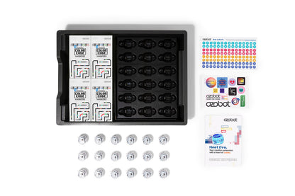 Ozobot Evo Classroom Kit 18-pack with robots, coding cards, stickers, and accessories for interactive learning.