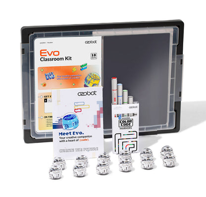 Ozobot Evo Classroom Kit 18-pack with robots, coding markers, and instructional materials for interactive learning.