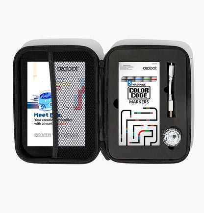 Ozobot Evo Entry Kit open showing markers, coding cards, and accessories for creative coding in classrooms.