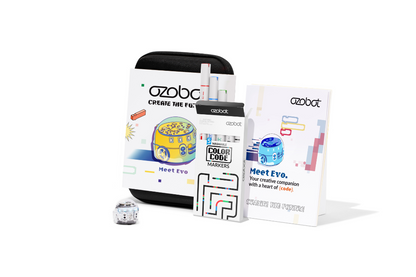 Ozobot Evo Entry Kit with coding markers and guide, ideal for teaching creativity and coding in classrooms.