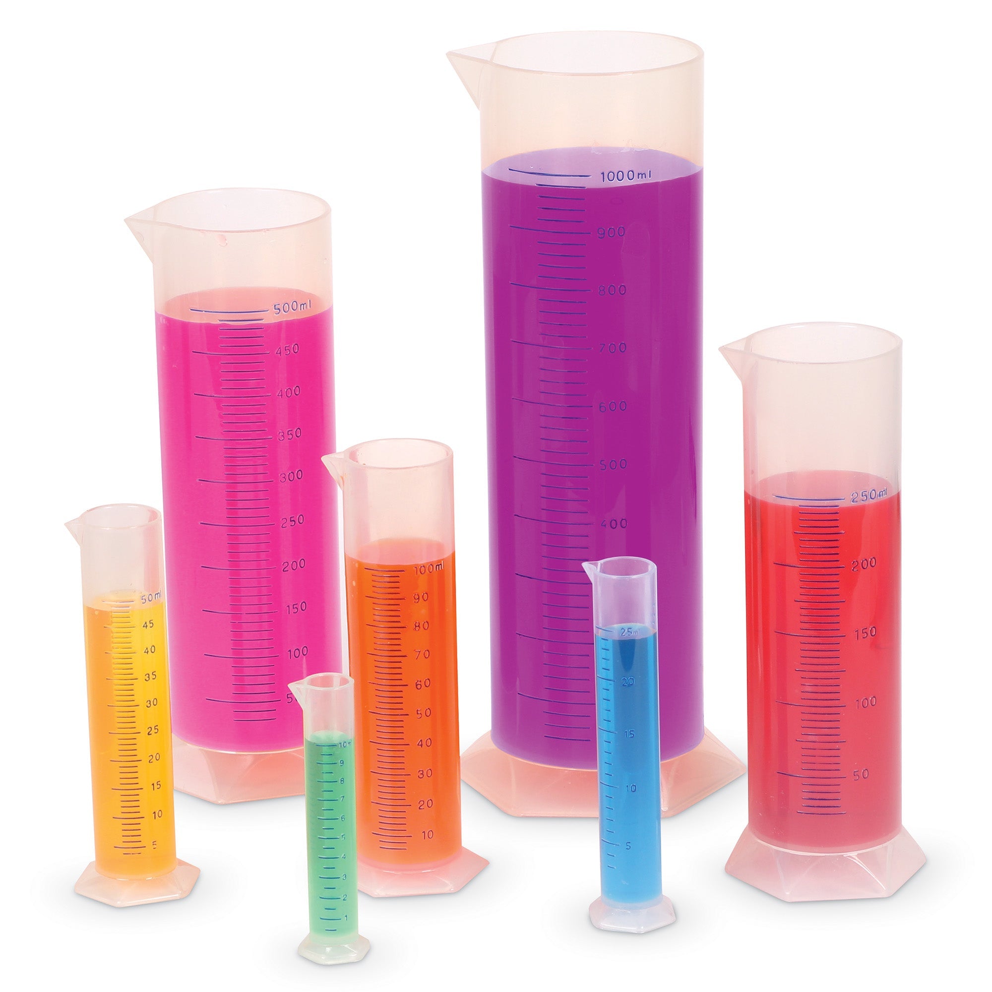 A studio shot against a white background featuring seven graduated cylinders of varying heights and capacities, ranging from 10ml to 1,000ml. Each durable polypropylene cylinder is filled with a different vibrant liquid—including purple, pink, orange, red, yellow, blue, and green—to clearly highlight the blue calibration marks. The cylinders feature a stable hexagonal base and a pouring spout, demonstrating their use for hands-on scientific experiments and volume comparison for students aged 8 and up.