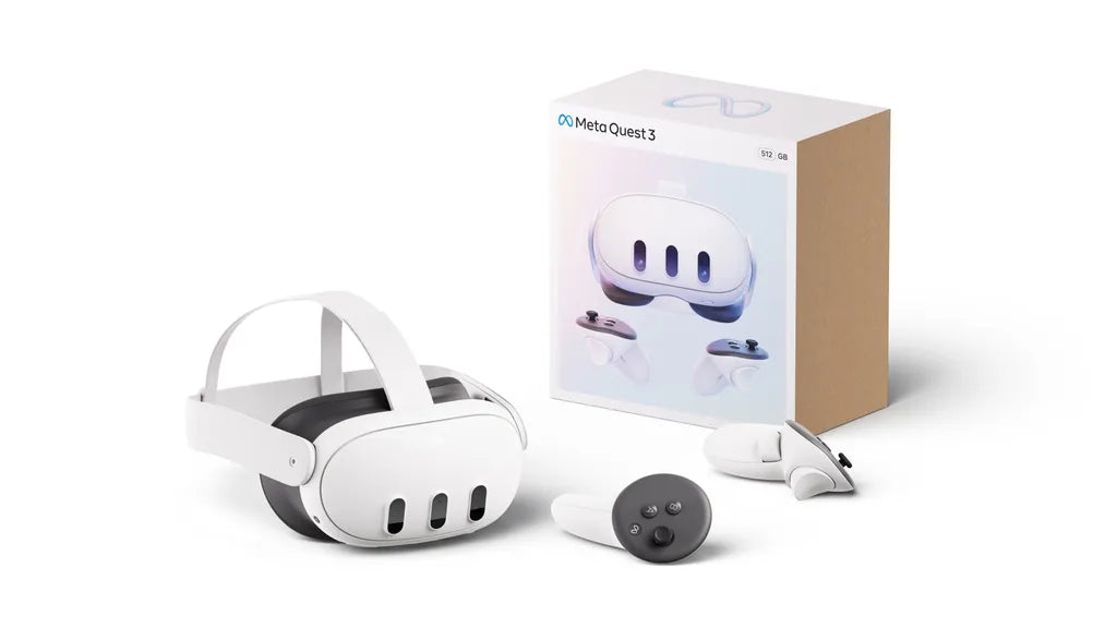 Meta Oculus Quest 3 512GB mixed reality headset with controllers and packaging.