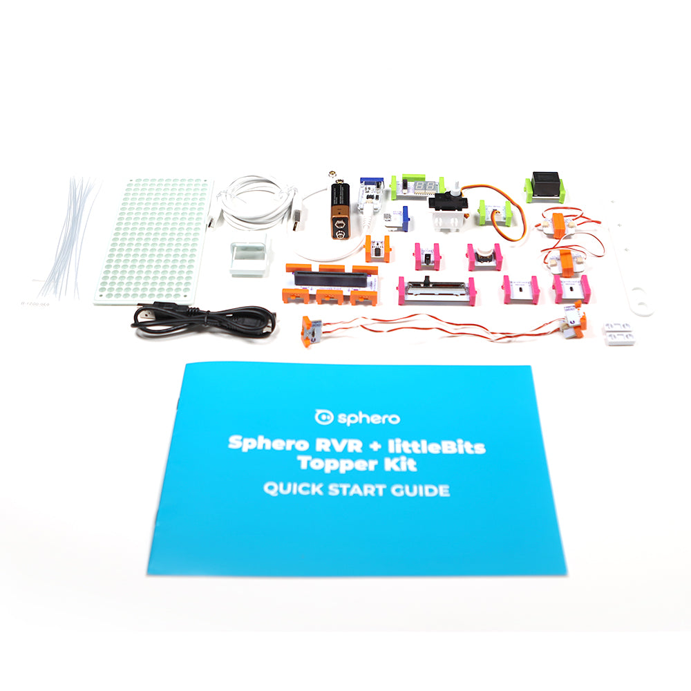 Sphero RVR+ littleBits Topper Kit components, including parts, cables, and quick start guide for invention building.