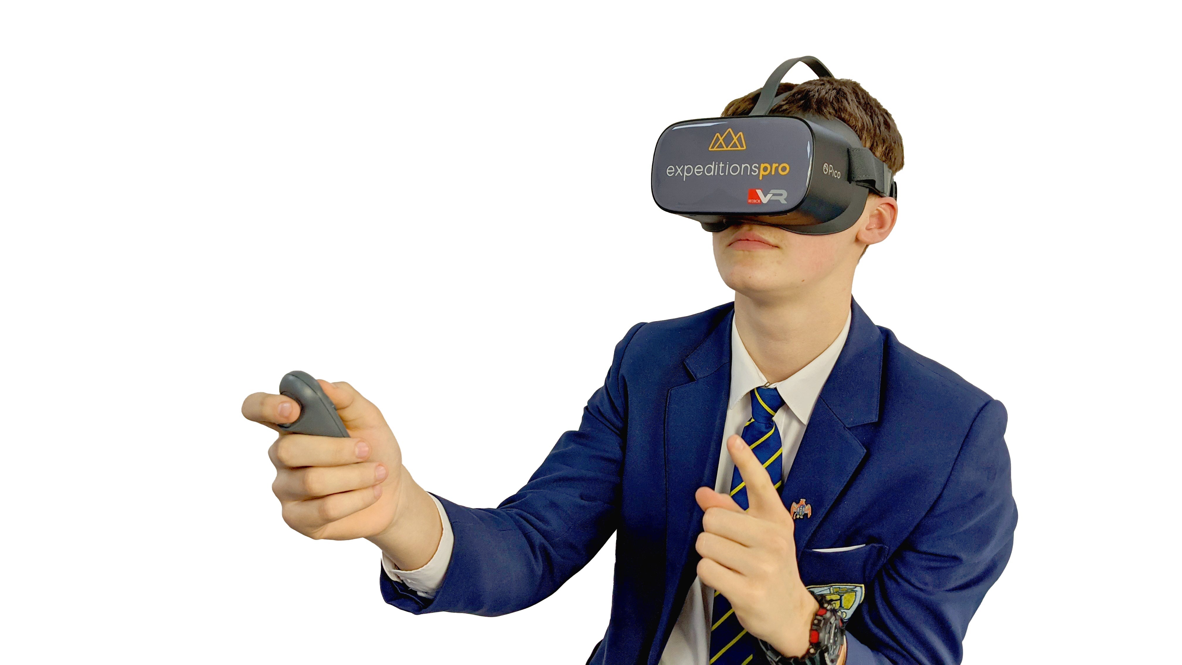 Student wearing a VR headset, engaging with virtual reality using a controller.